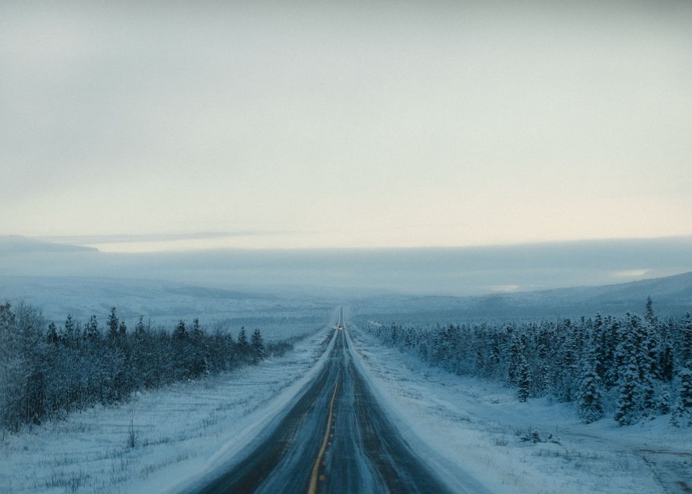 Snow covered highway stretches into the distance through a winter forest landscape.