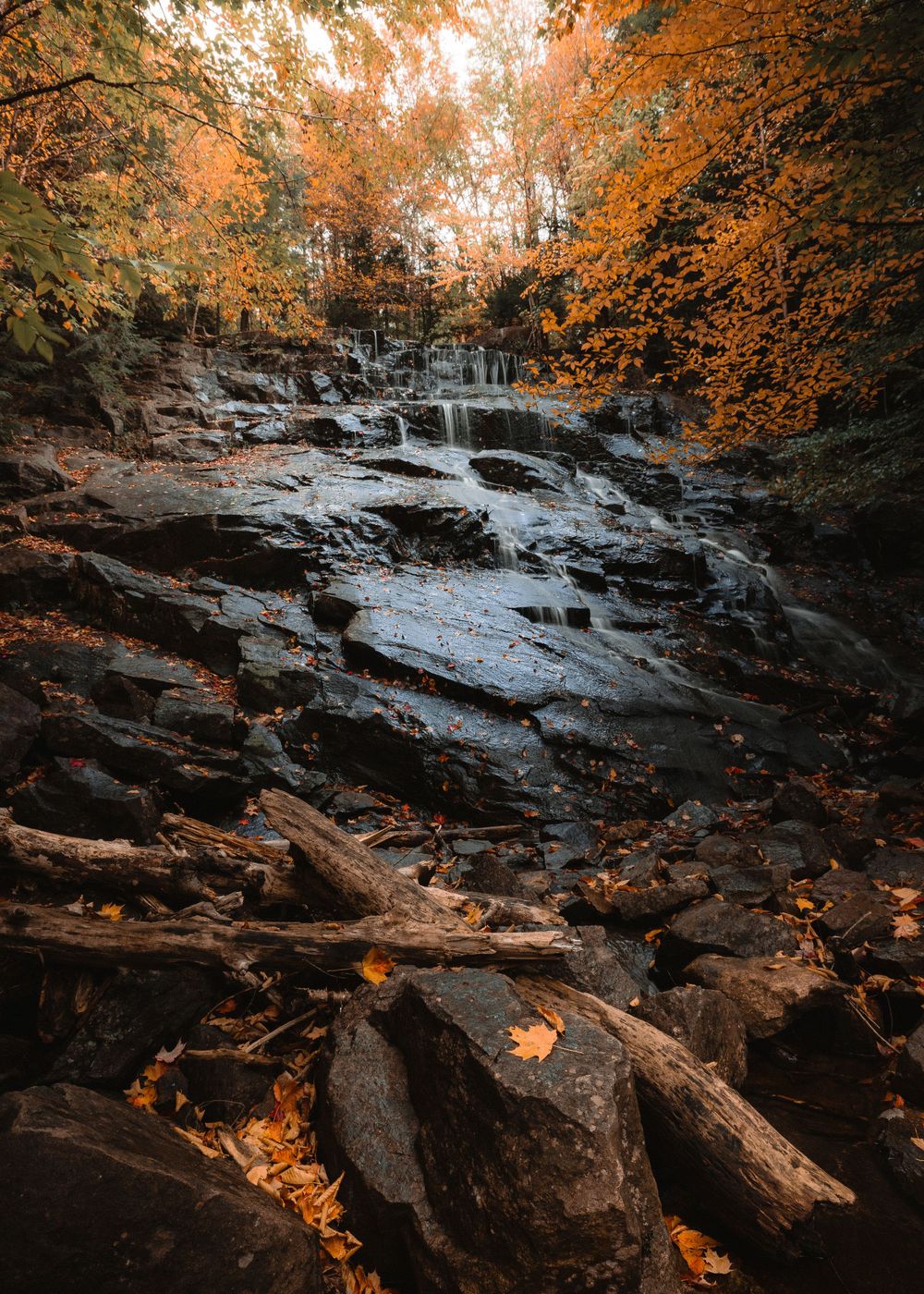 Cascading waterfall surrounded by autumn foliage with orange leaves and rocky terrain.
