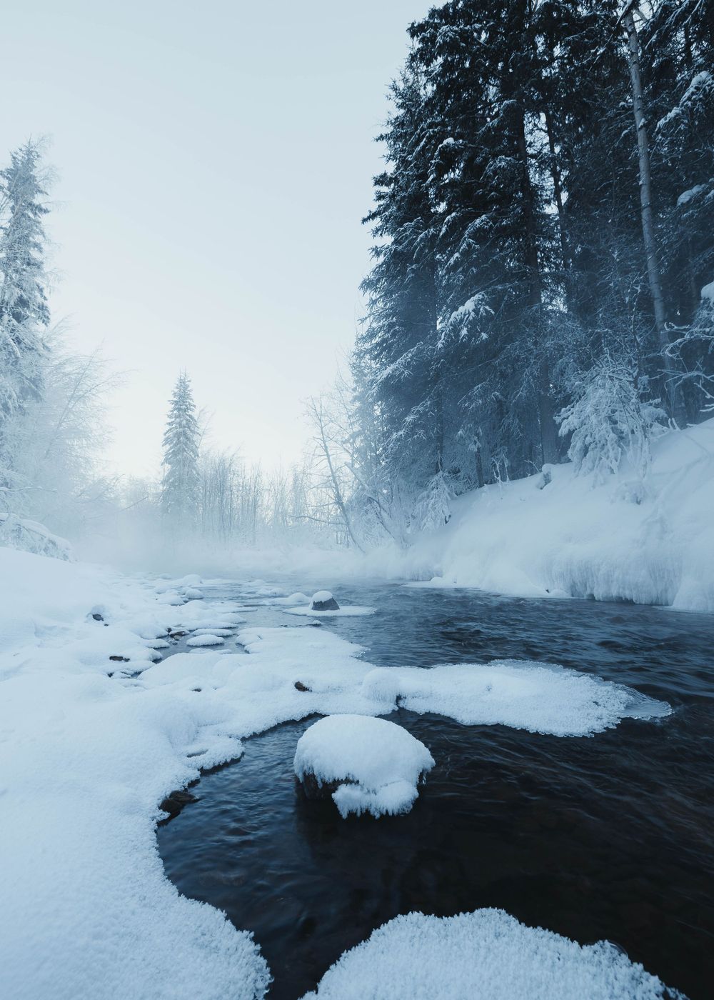Partially frozen river flowing through a snow-covered forest in winter.