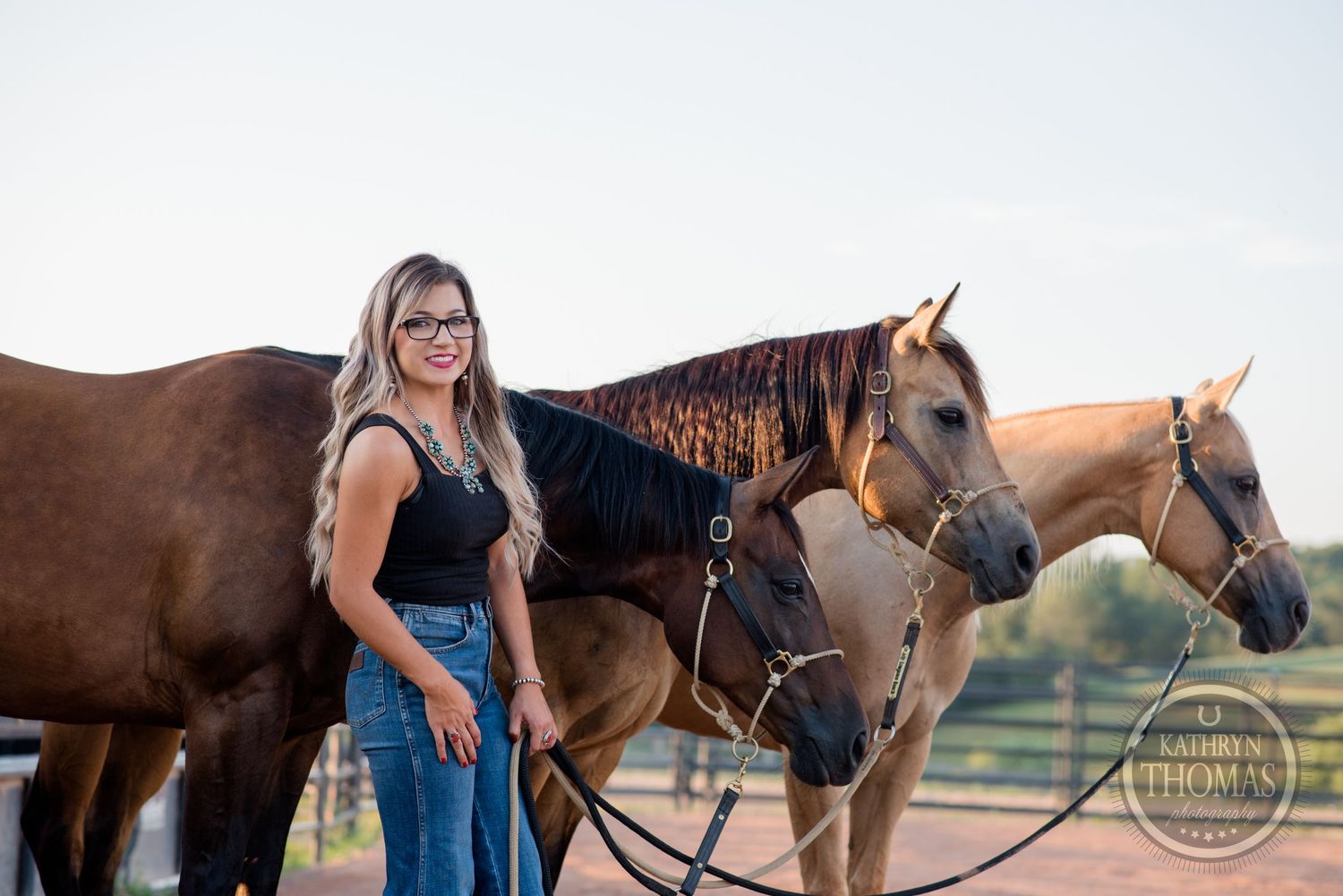 Three brown horses stand with handler against evening sky.