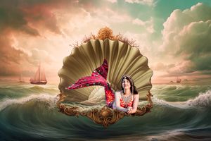 Dramatic seashell-themed fantasy photoshoot with waves and sunset clouds in vibrant colors.