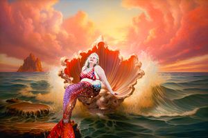 Artistic ocean-themed photography with giant seashells against a dramatic orange sunset sky.