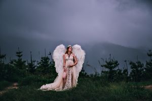 Moody mountain photography with angel wings against stormy grey sky.