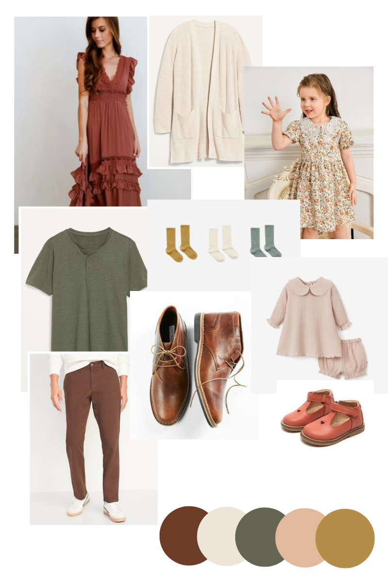Fashion style board showing clothing in muted earth tones with accessories and color swatches.