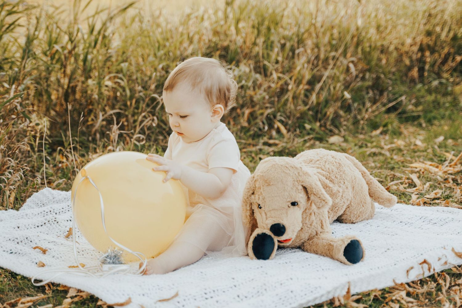Image of baby sitting on blanket with balloon and stuffy.