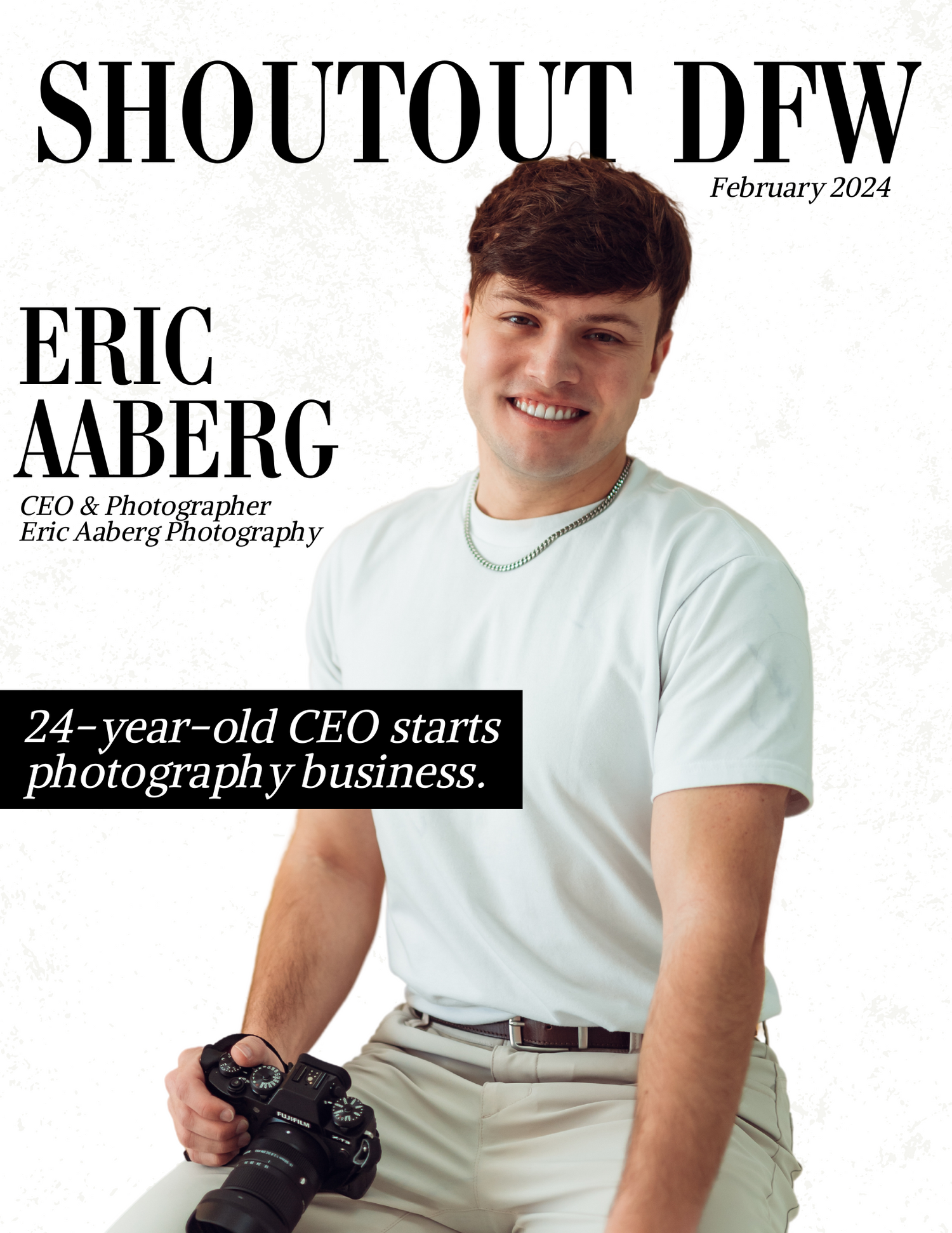 Magazine-style layout featuring young photographer with camera against white background.
