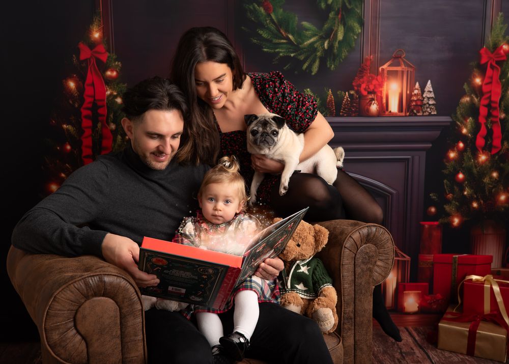 fireplace, red traditional carpet, lanterns, christmas tree, christmas lights, family of 3, dog