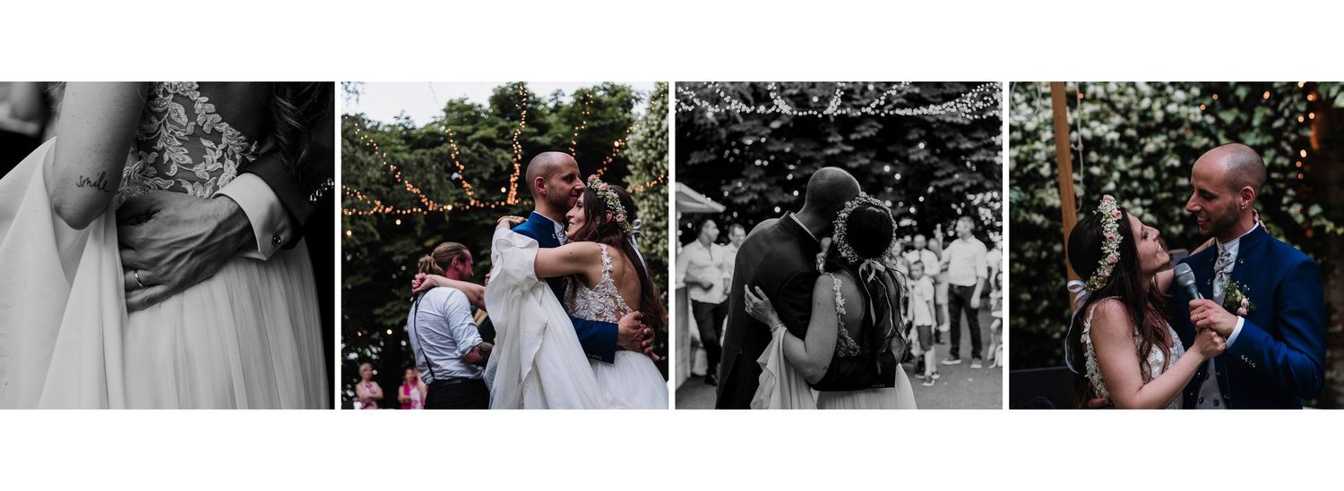 Black and white wedding photo collage of bride and groom embracing and sharing first dance outdoors.