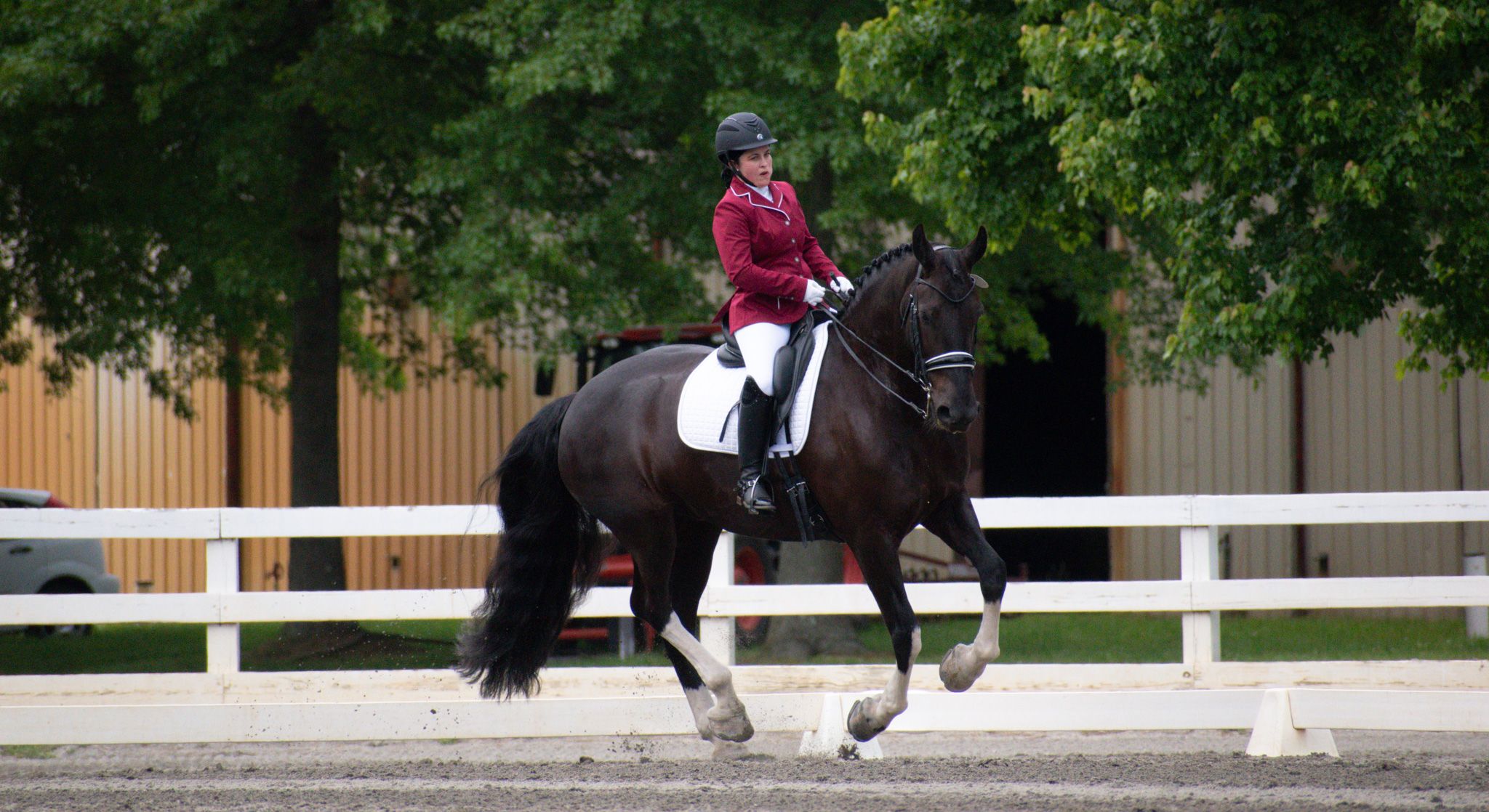 person in red jacket riding black horse
