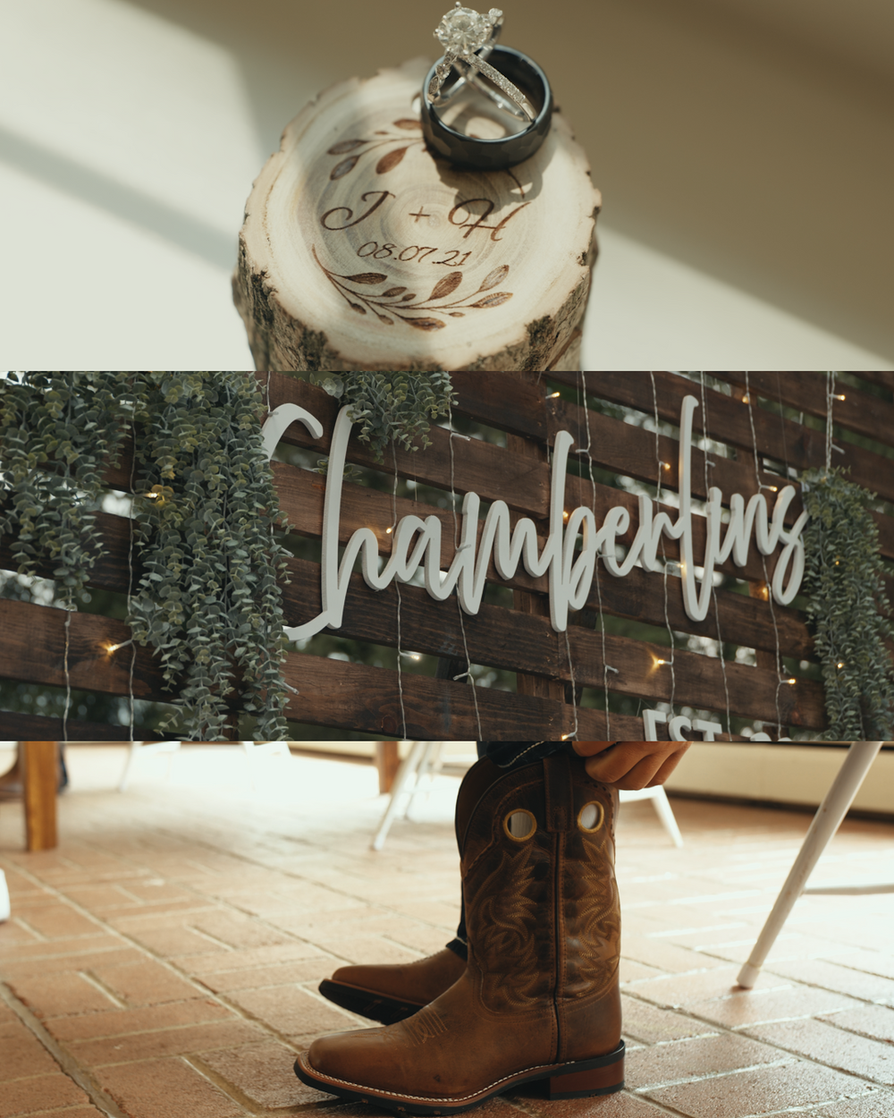 Wedding rings on rustic wood slice with cowboy boots and Champaign text decoration.