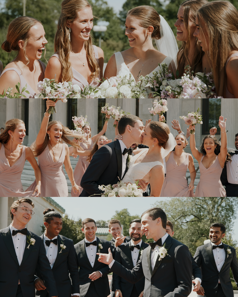 Collage of joyful wedding party moments with bridesmaids and groomsmen.