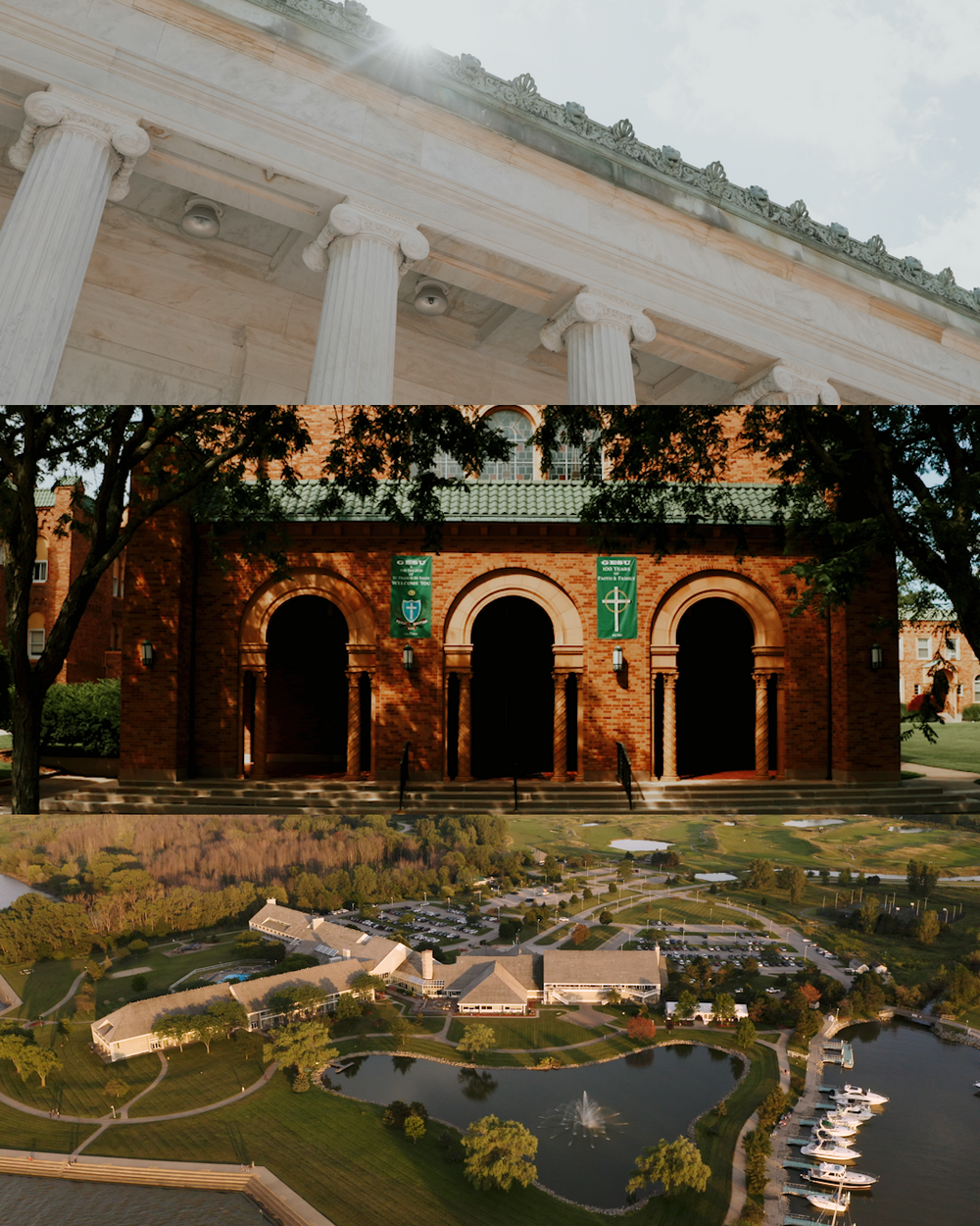 Architectural details of classic columned building and arched stone structure.