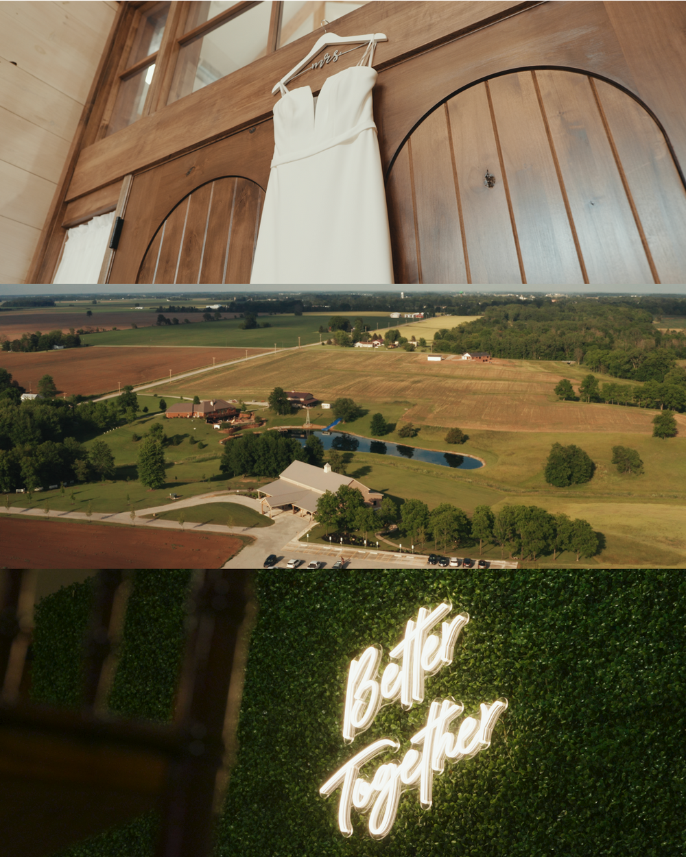 Wedding details featuring a dress, aerial venue view, and neon sign.