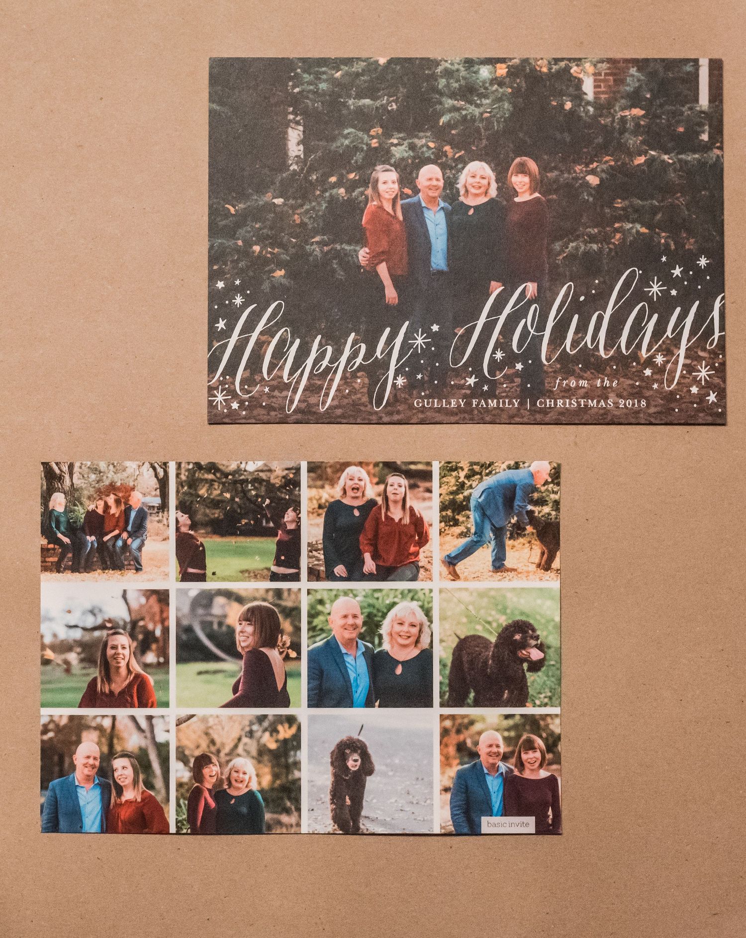 Holiday photo card with family portrait and collection of smaller photos below.