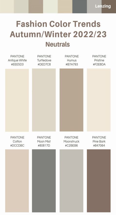 Fashion color trends chart showing neutral Pantone shades for Autumn/Winter 2022/23 including beiges, grays and browns.