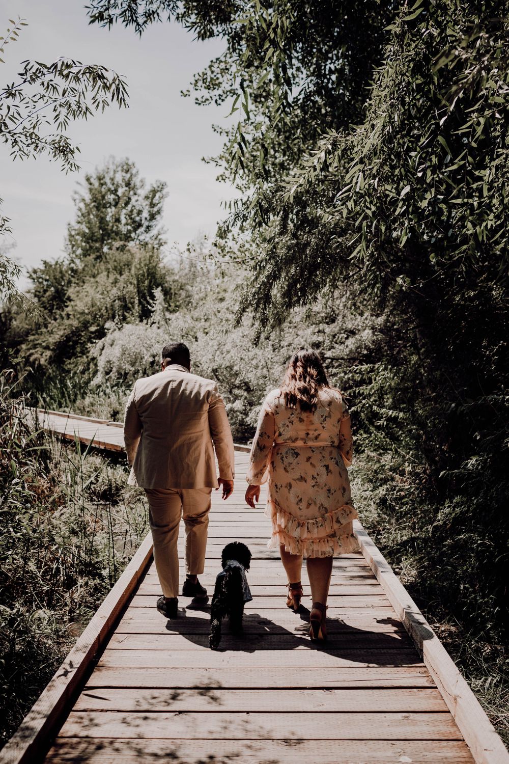 Couple walking away with small black dog on a wooden boardwalk path surrounded by green trees.