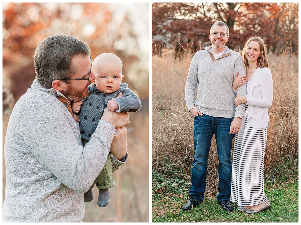 Beautiful father son portrait and traditional couples portrait in Starkey Park Zionsville Indiana with fall colors