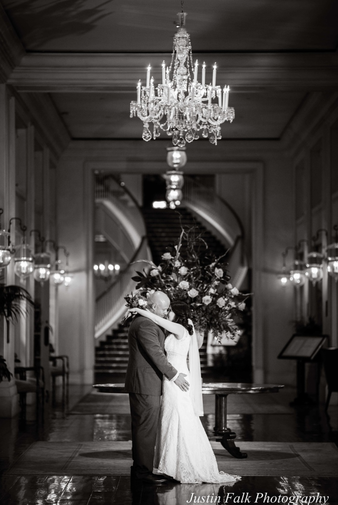 Grand staircase, grand hall bride and groom