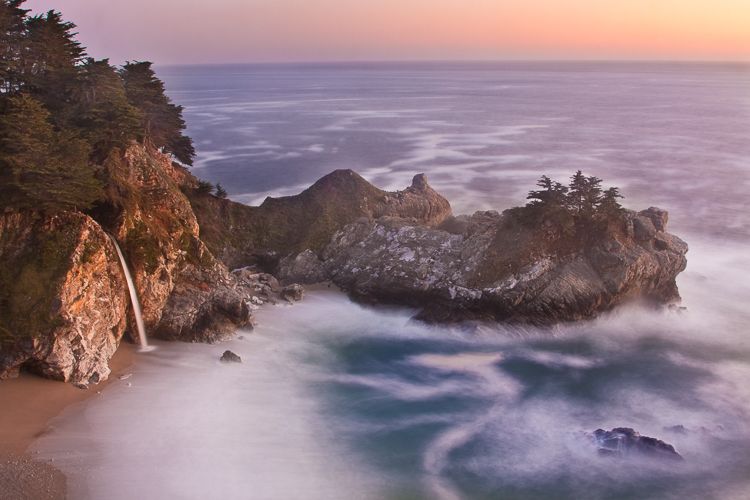McWay Falls, Big Sur, California, Sunset over the ocean and McWay Falls