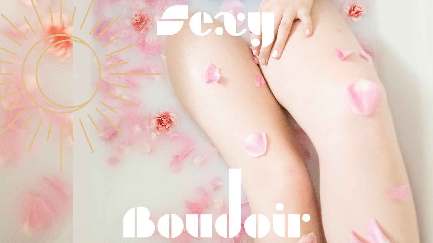 Soft pink feminine boudoir scene with floral decorative elements and text overlay.