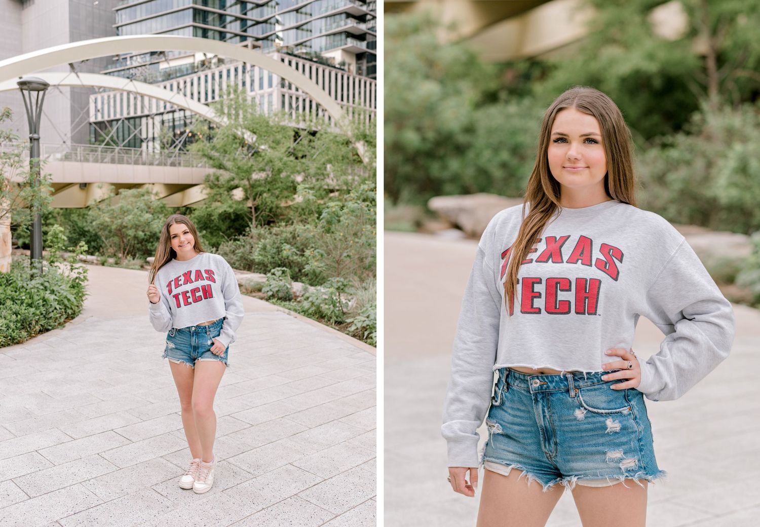 Casual college style photos featuring Texas Tech sweatshirt and denim shorts.