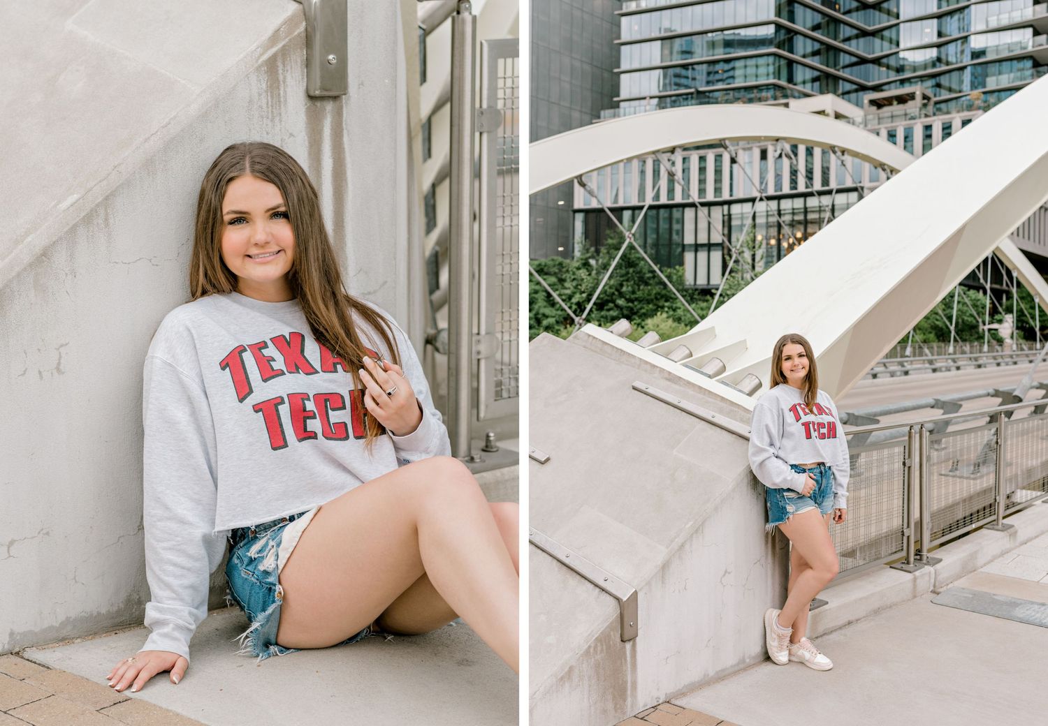 A casual fashion photo shoot on urban architecture featuring a grey sweatshirt and denim shorts outfit.