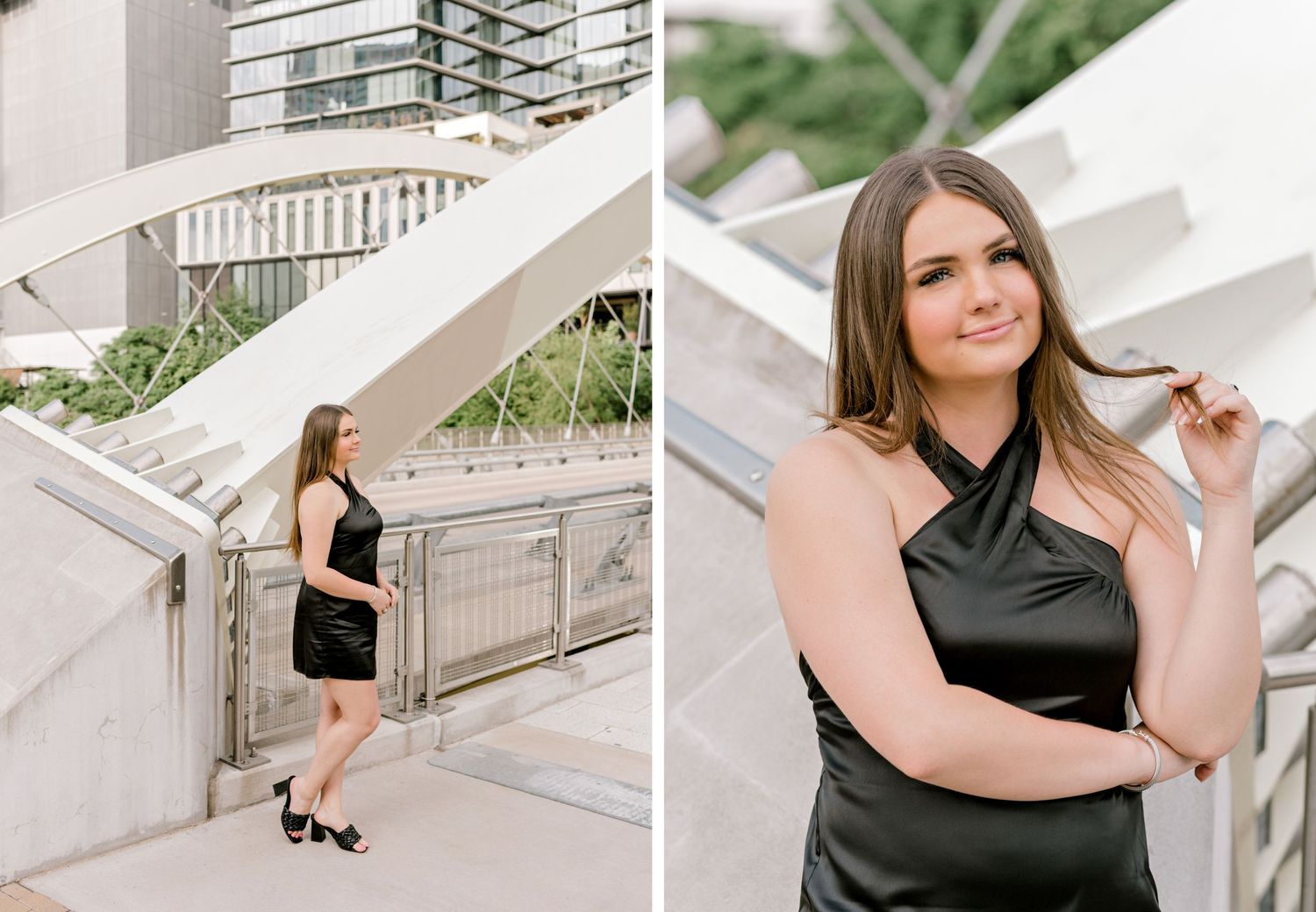 Modern architectural photo shoot featuring a little black dress against white curved structures.