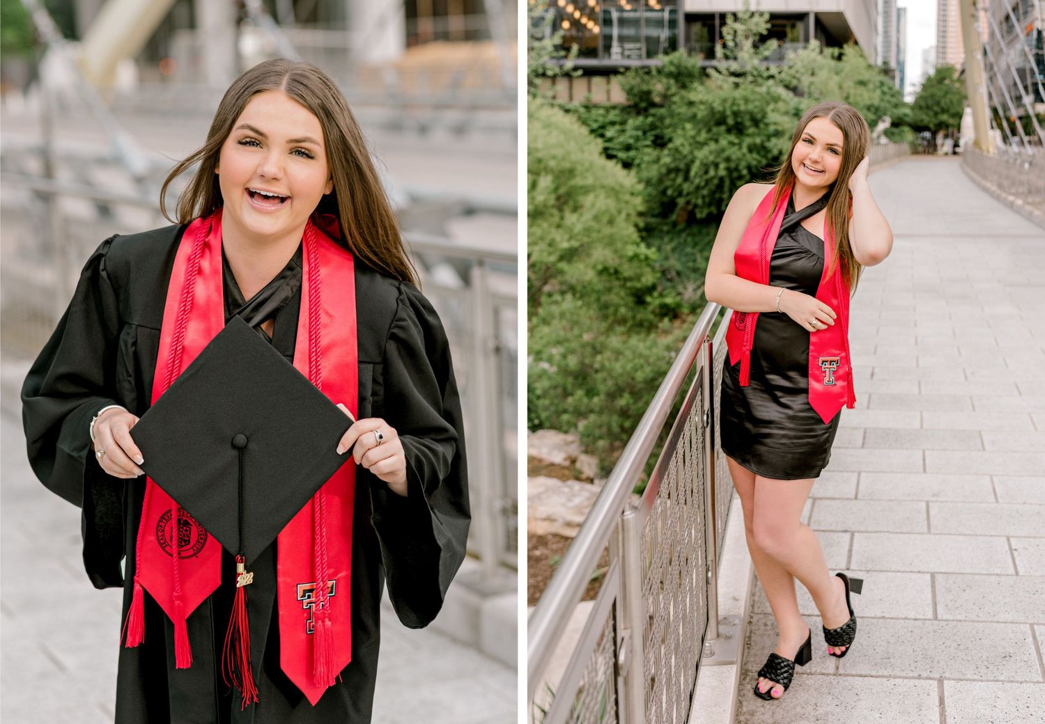 Graduate in black gown and red stole celebrating with diploma on urban pathway.