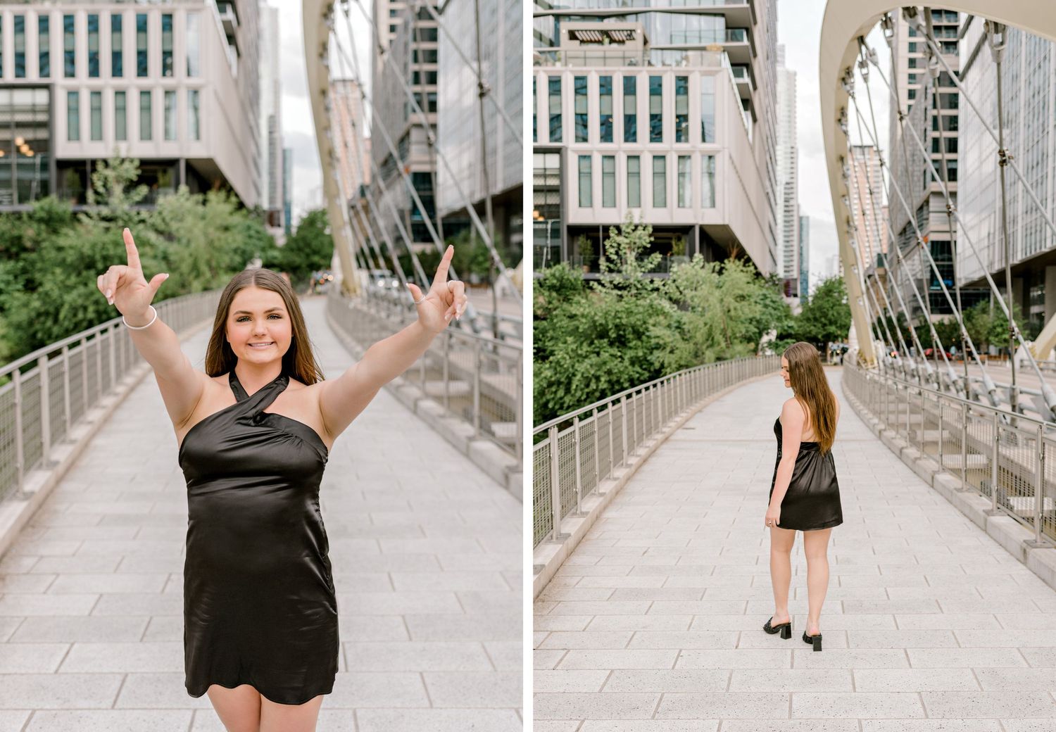 Celebratory graduation photos taken on modern urban bridge walkway.