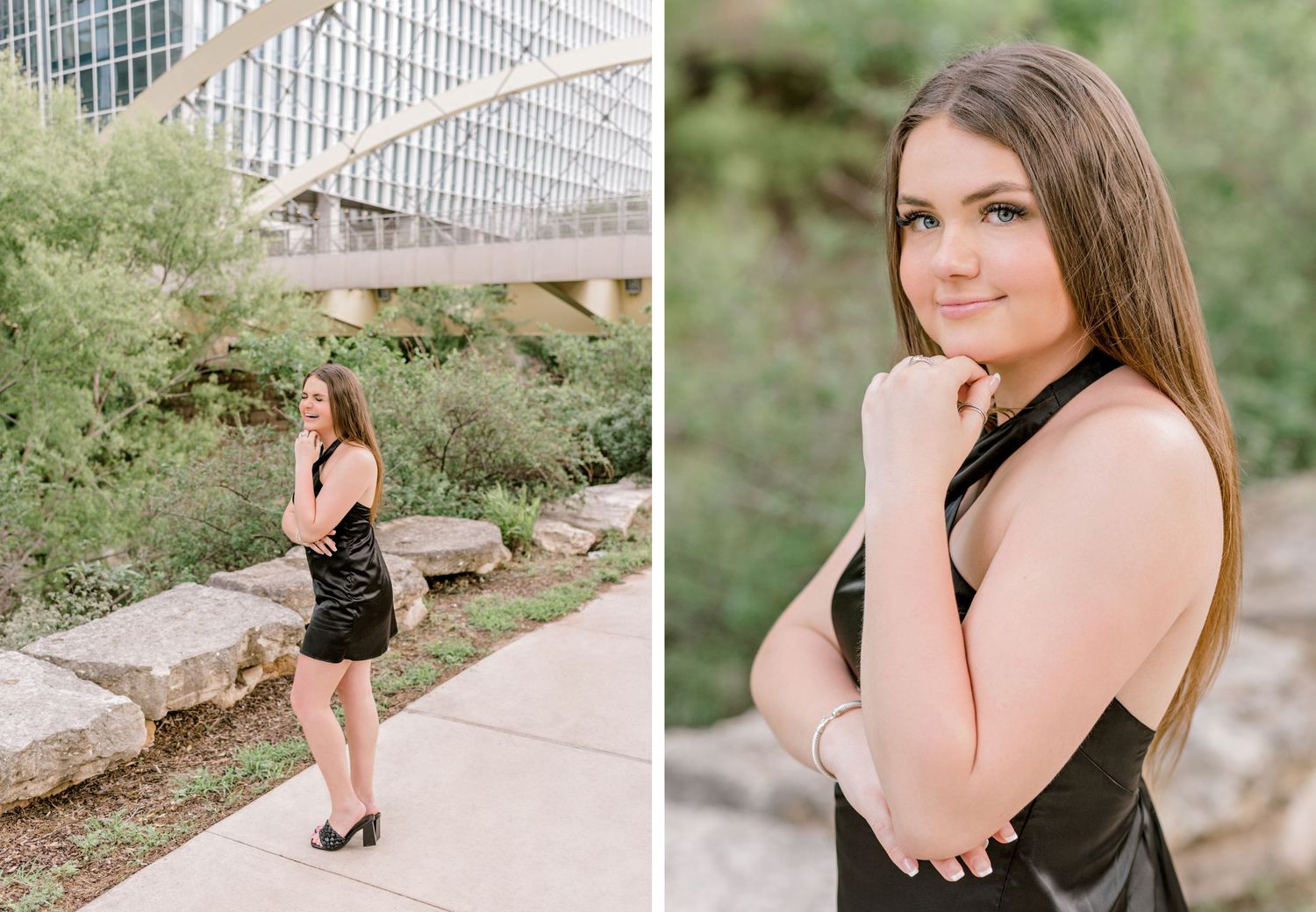 Fashion portraits taken on stone path with modern architectural elements.