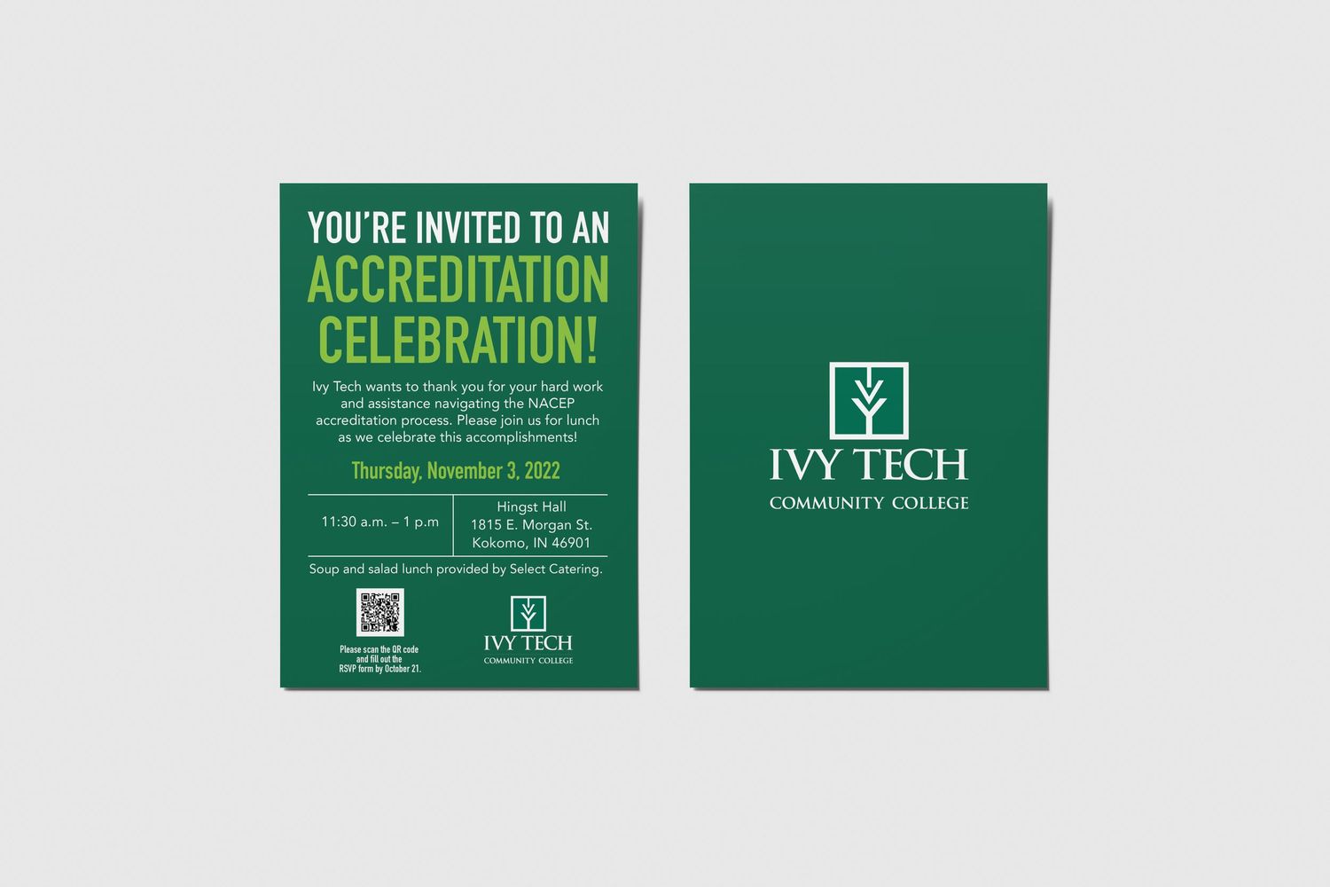 Green invitation cards for Ivy Tech accreditation celebration event.
