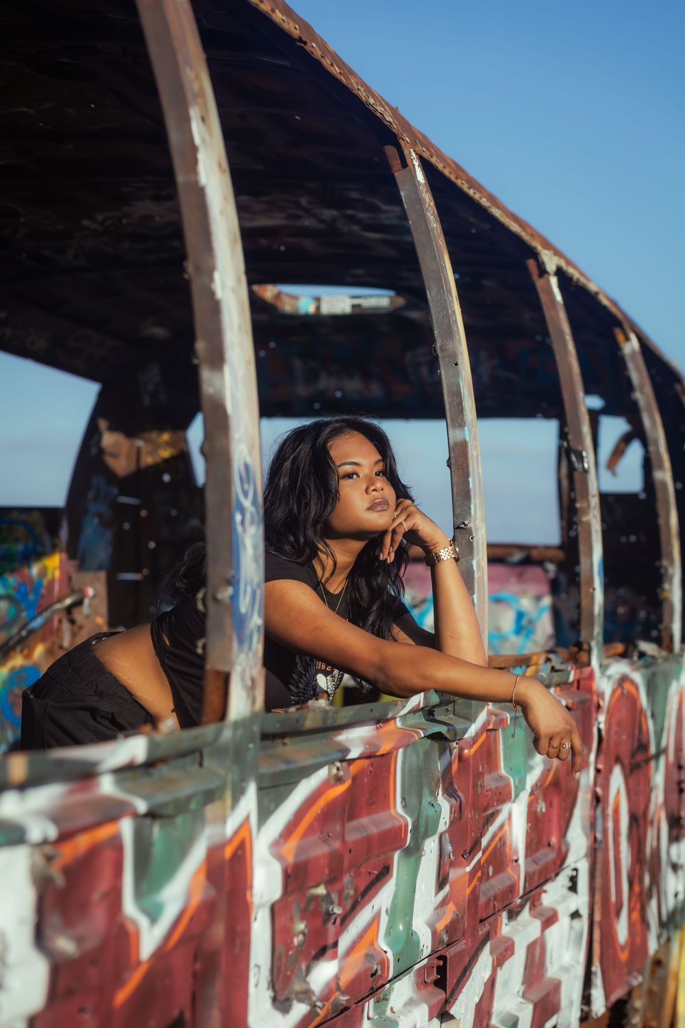 Urban photoshoot of a local up and coming music artist photographed in an abandoned bus. Found on a hiking trail within Los Angeles County.