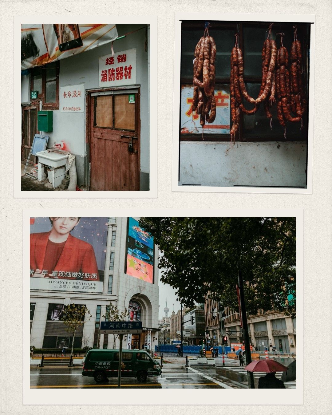images from shanghai china storefront meat hanging in window and tower from street view portland OR travel photography