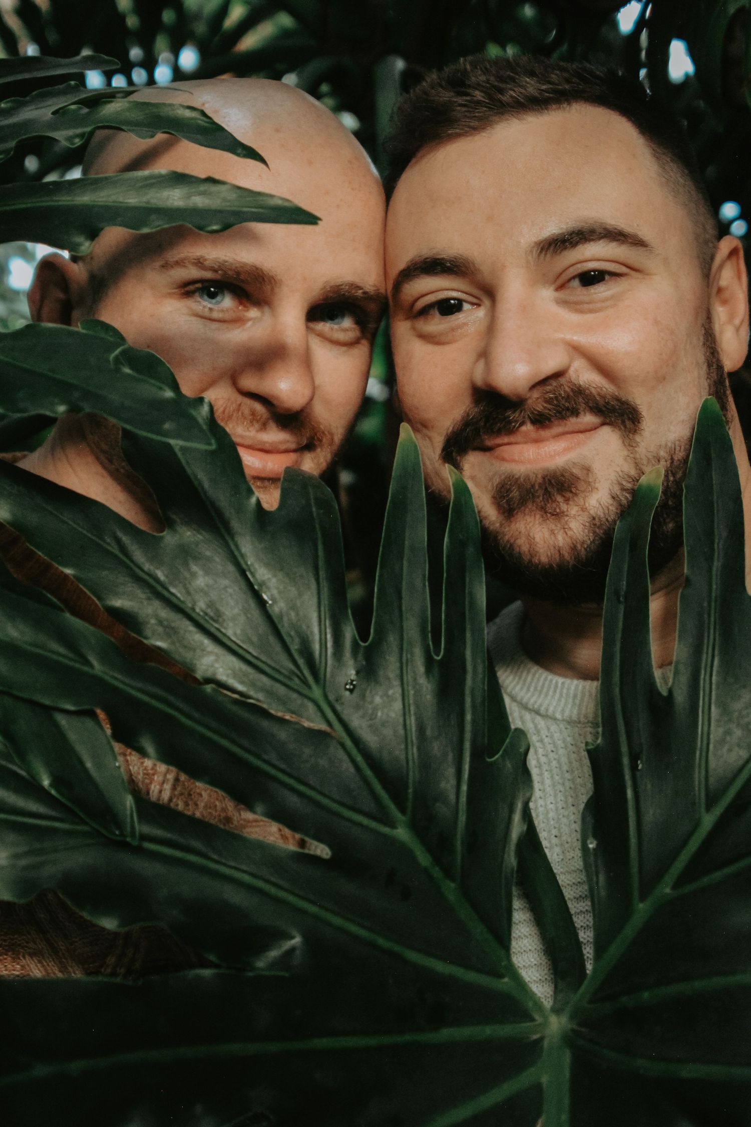 Close-up portrait through large tropical leaves in natural lighting.