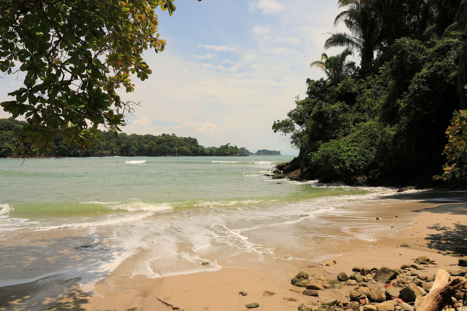 Small sandy beach cove surrounded by tropical vegetation and calm waters.
