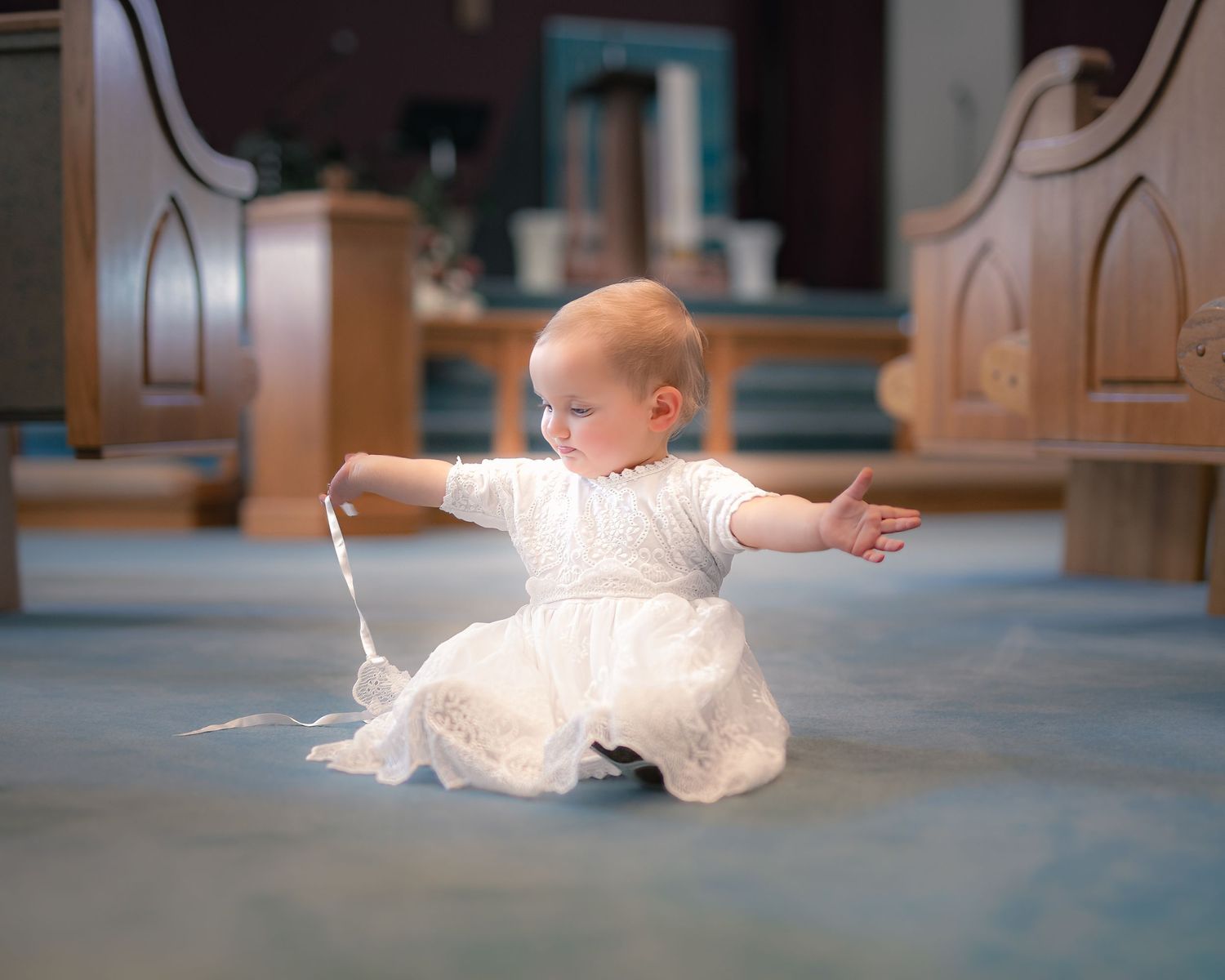 Baby Girl Baptism Portrait with Christening Gown and Bonnet