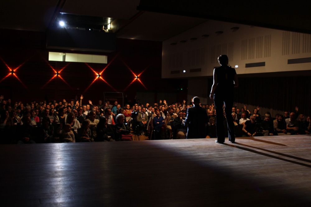 Silhouetted performer on stage facing a large audience with red stars in the background.