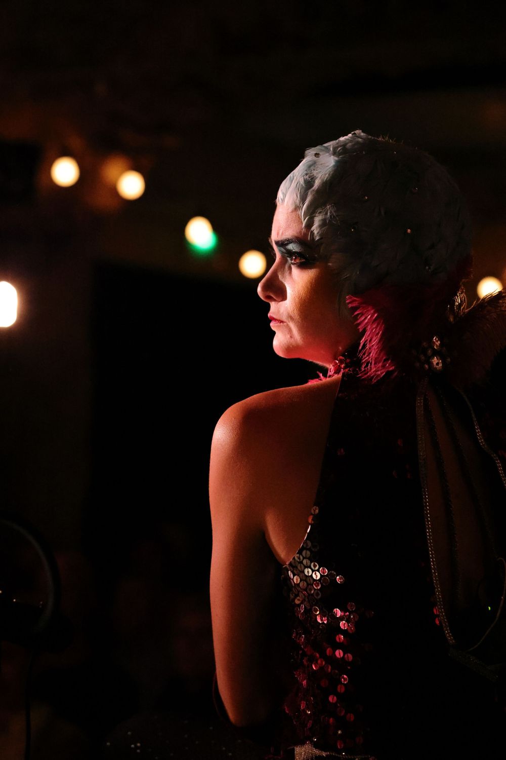 Performer in sequined dress illuminated by stage lights in a dark theater setting.