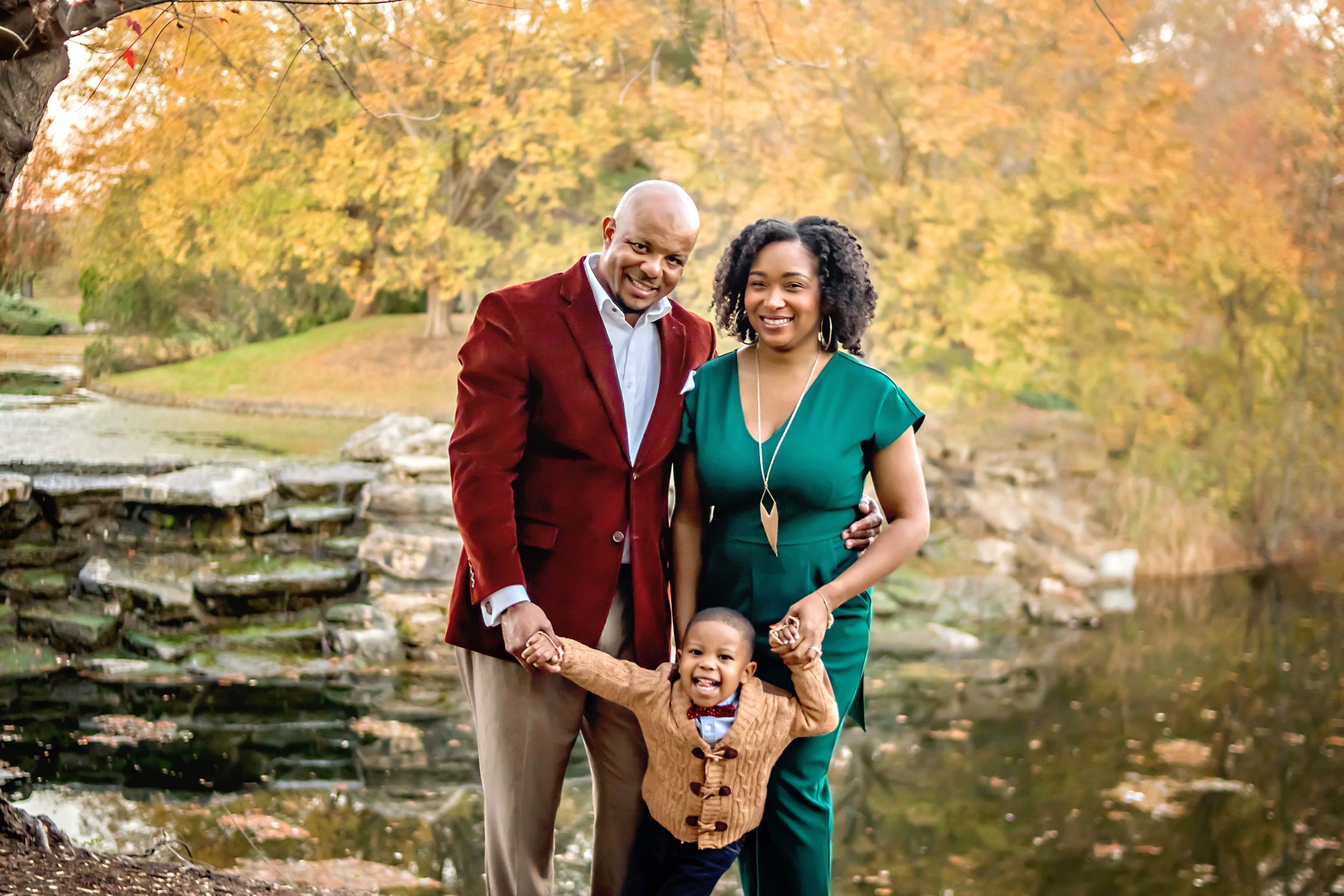 louisville family photography toddler boy fall papa johns park waterfall orange leaves