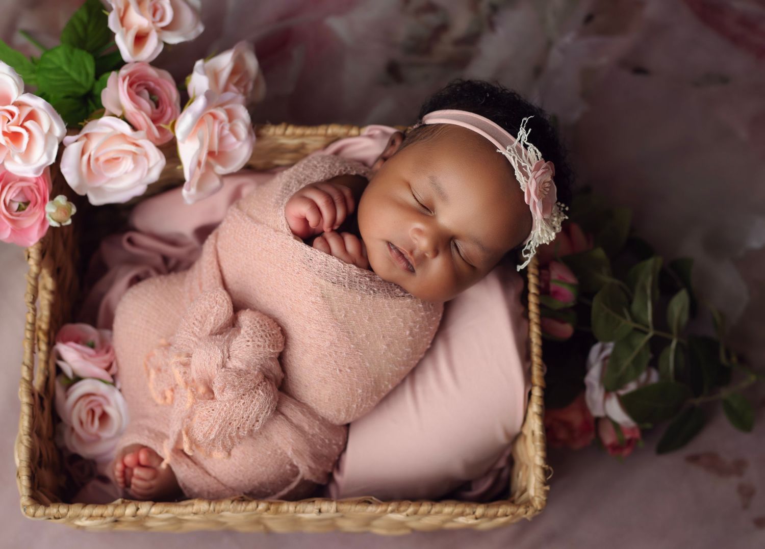 Delicate newborn photography setup with pink roses and woven basket.