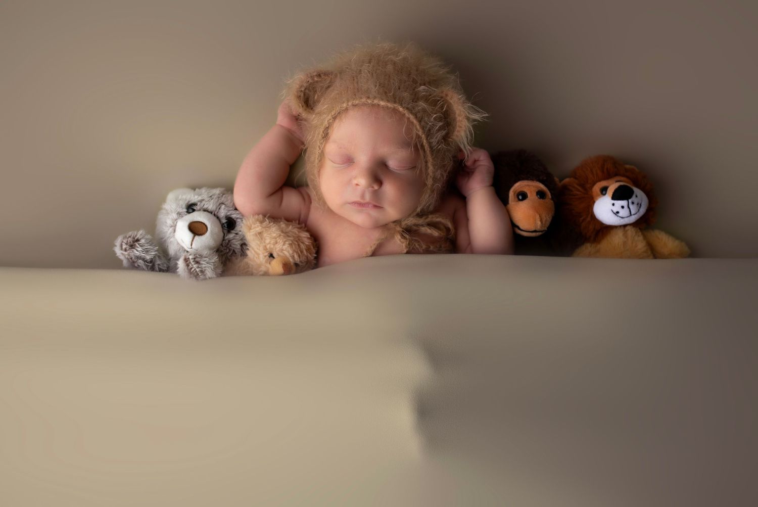 Sweet newborn photography setup with stuffed animal toys on neutral background.