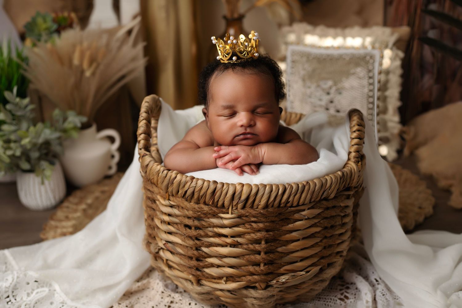 Sweet newborn photo in rustic woven basket with white fabric and neutral decor.