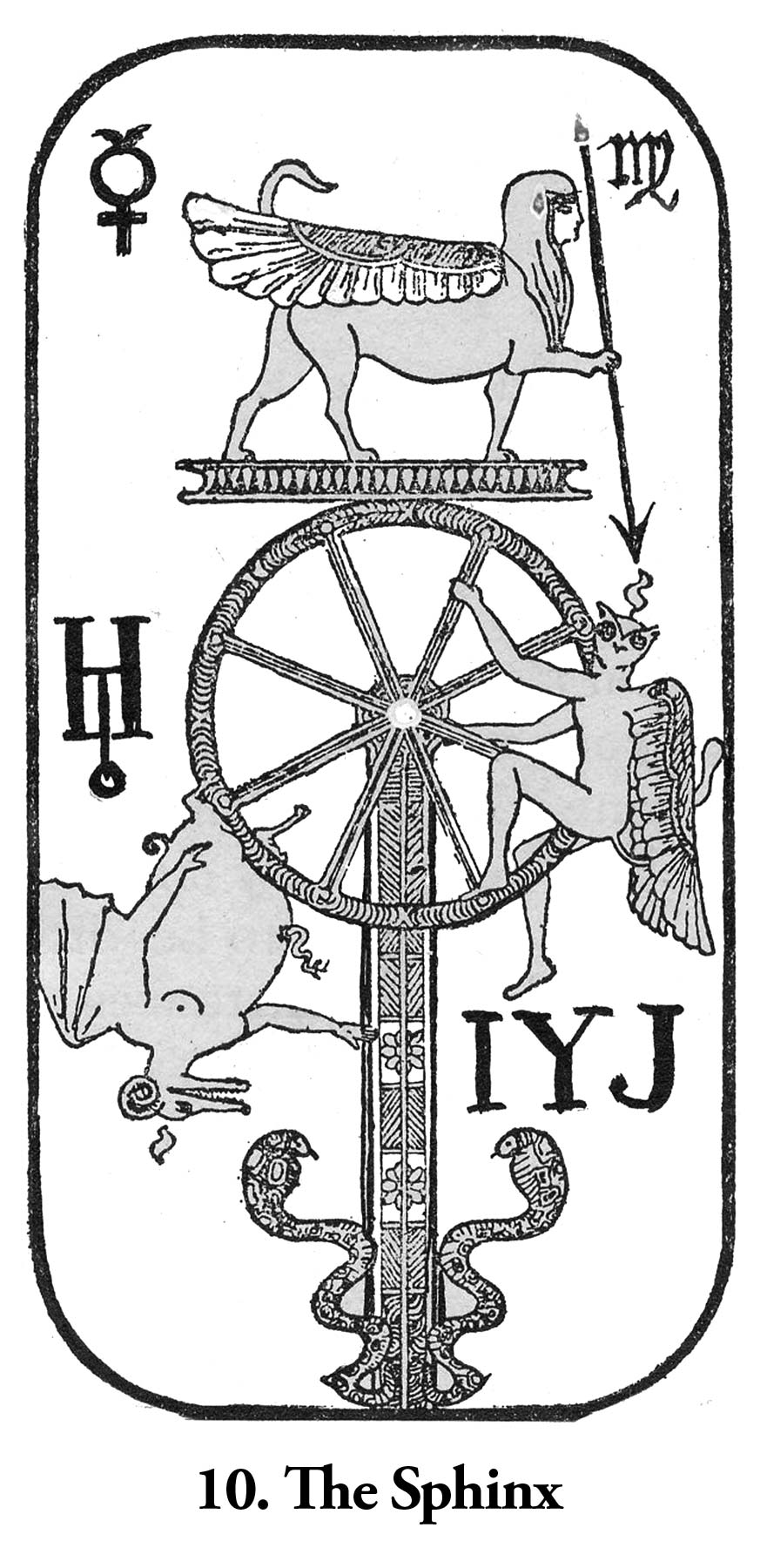 Ancient Egyptian mystical illustration showing a sphinx and wheel symbol with hieroglyphic elements.