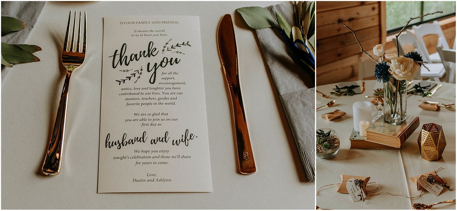 Wedding menu card placed between gold cutlery with elegant table setting details.
