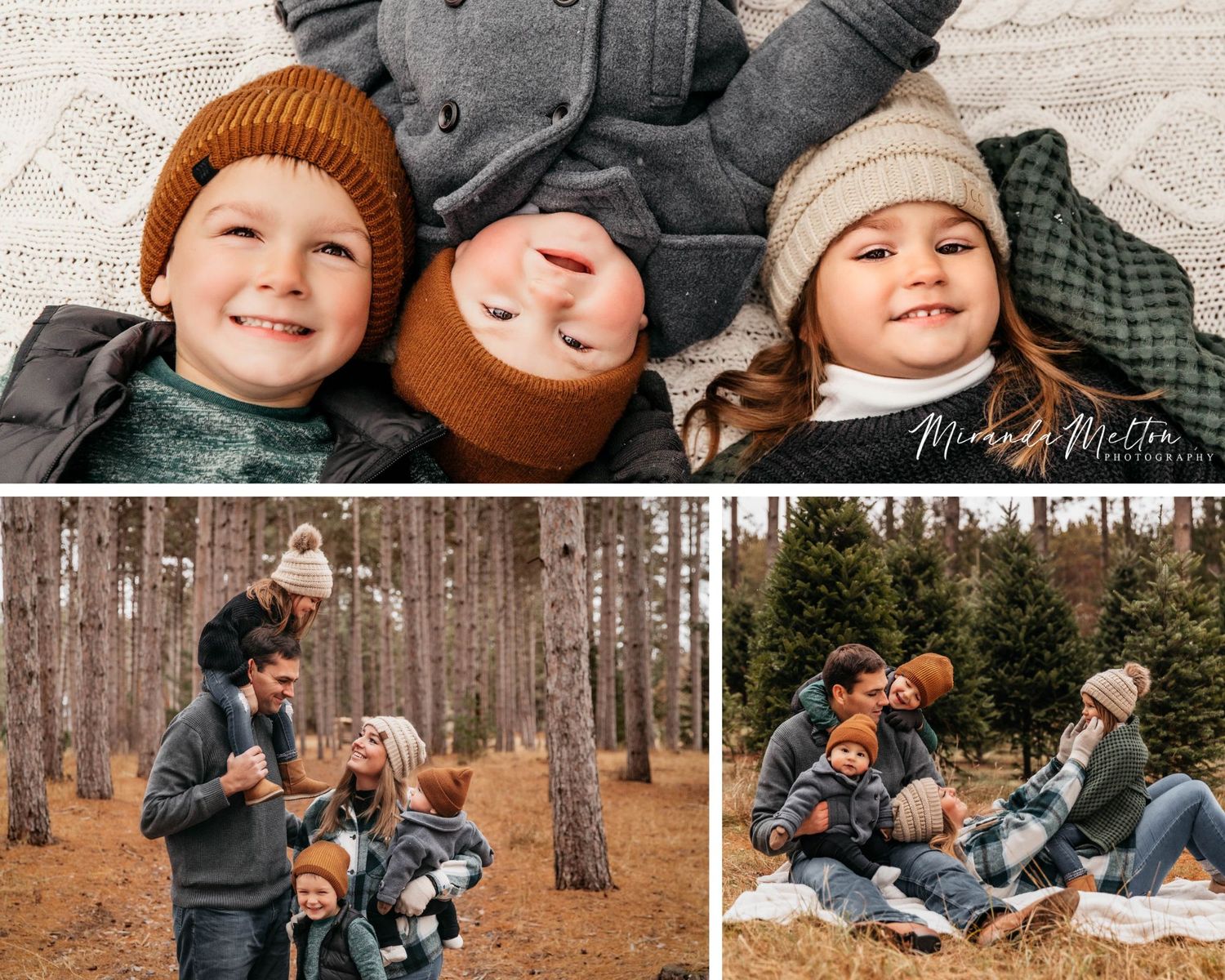 Collage of 3 photos of a family taken in winter in Minnesota. They wear scarves, hats, gloves, and blankets.