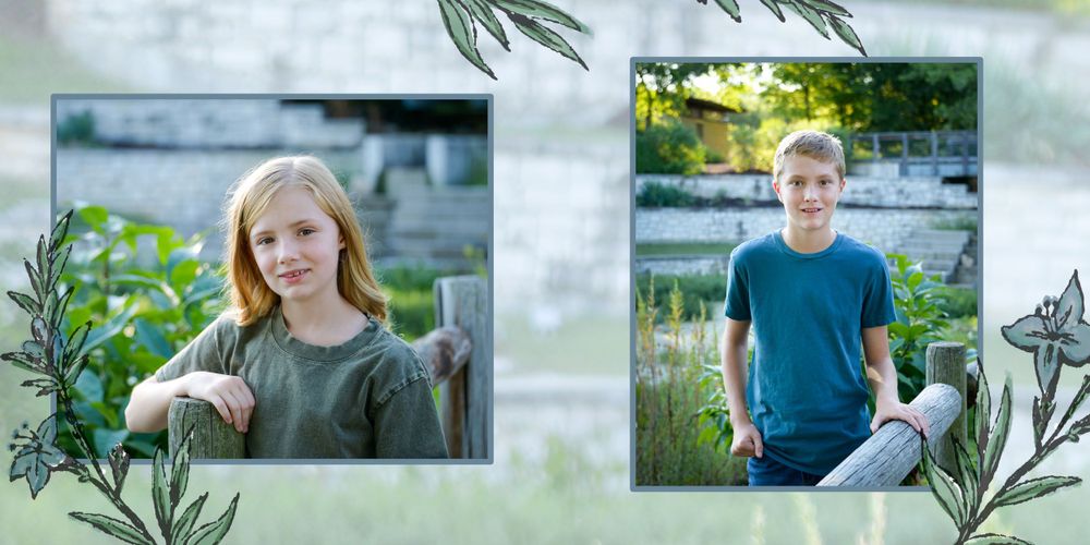 Nature-framed double portrait layout with decorative greenery elements.
