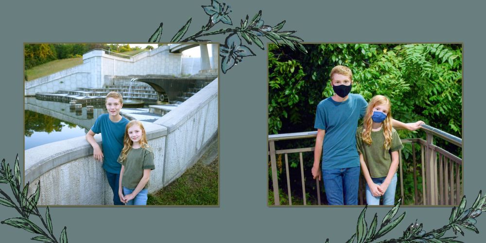 Pair of outdoor photos showing figures on wooden deck and concrete structure with decorative leaf overlay.