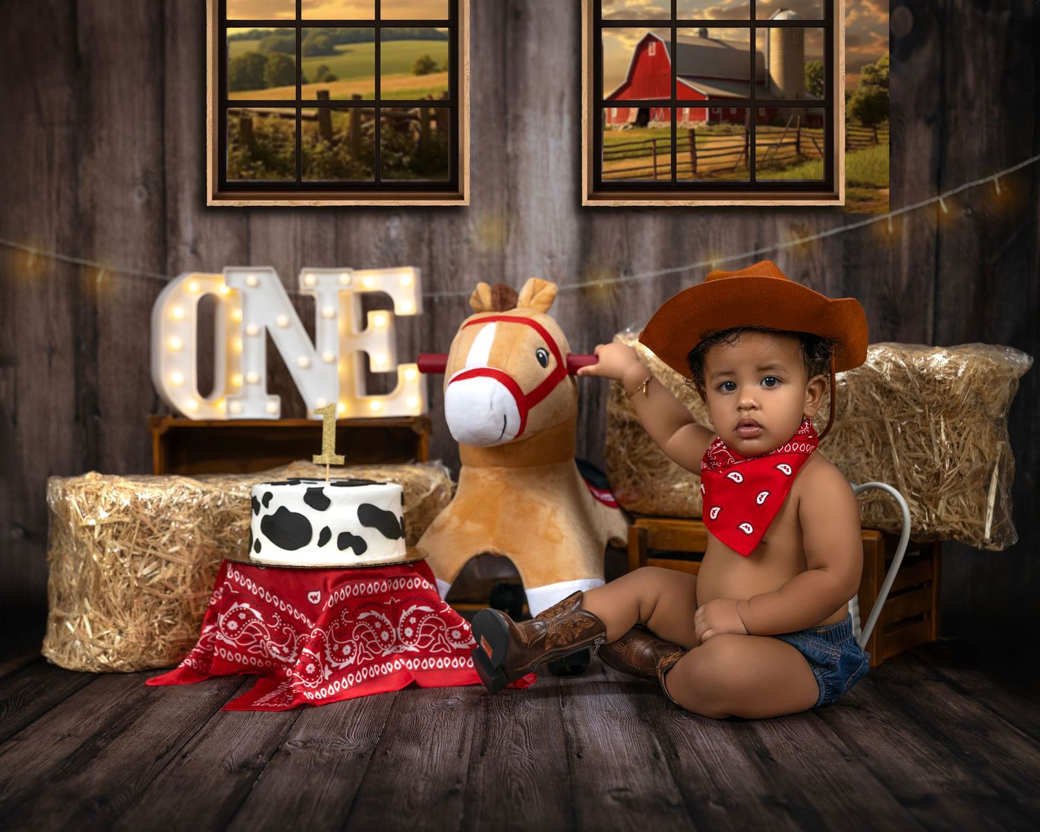 Western themed birthday setup with hay bales, rustic wood floor, and illuminated 'ONE' sign.