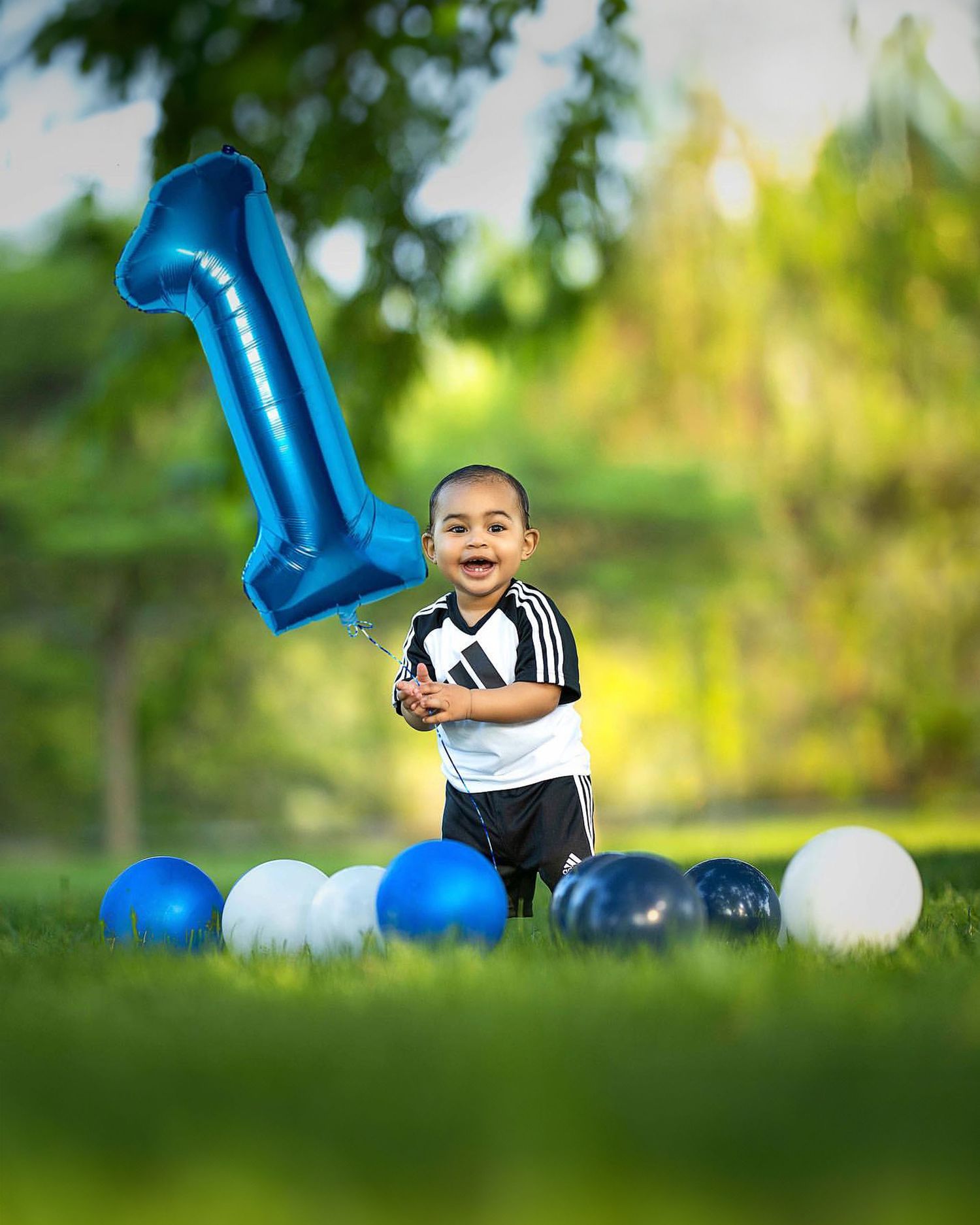 Outdoor first birthday photo with blue number one balloon and scattered decorations.