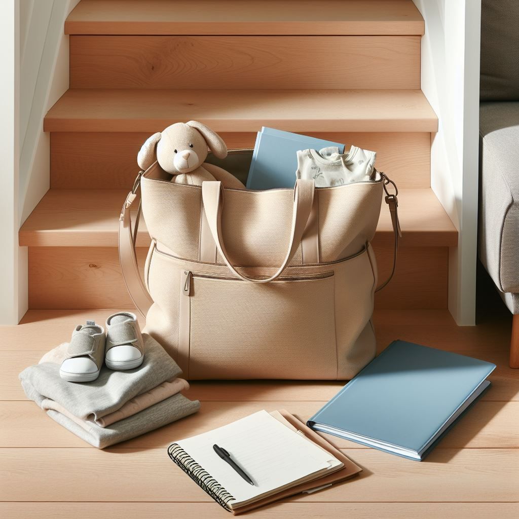 a cream shoulder bag packed with baby items and notes sits ready at the foot of the stairs